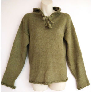 Vintage Woolies Hand Knit Alpaca Wool Sweater Olive Khaki Pullover Hooded SZ LG